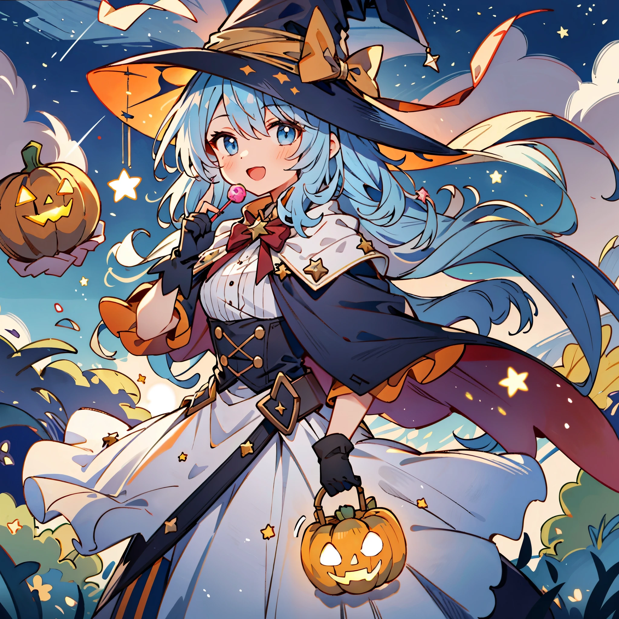 ((masterpiece:1.2, best quality)), 1girl, solo, (witch hat), a close up of a girl with curly hair, dress, aurora, night, star (sky), gloves, sky, dress, night sky, open mouth, starry sky, light blue eyes, ribbons, smile, cape, colorful hair, magic, casting spell, night, (impressionism:1.4), alphonse mucha, Halloween colors, colorful candy, magical lights, pumpkins, candies