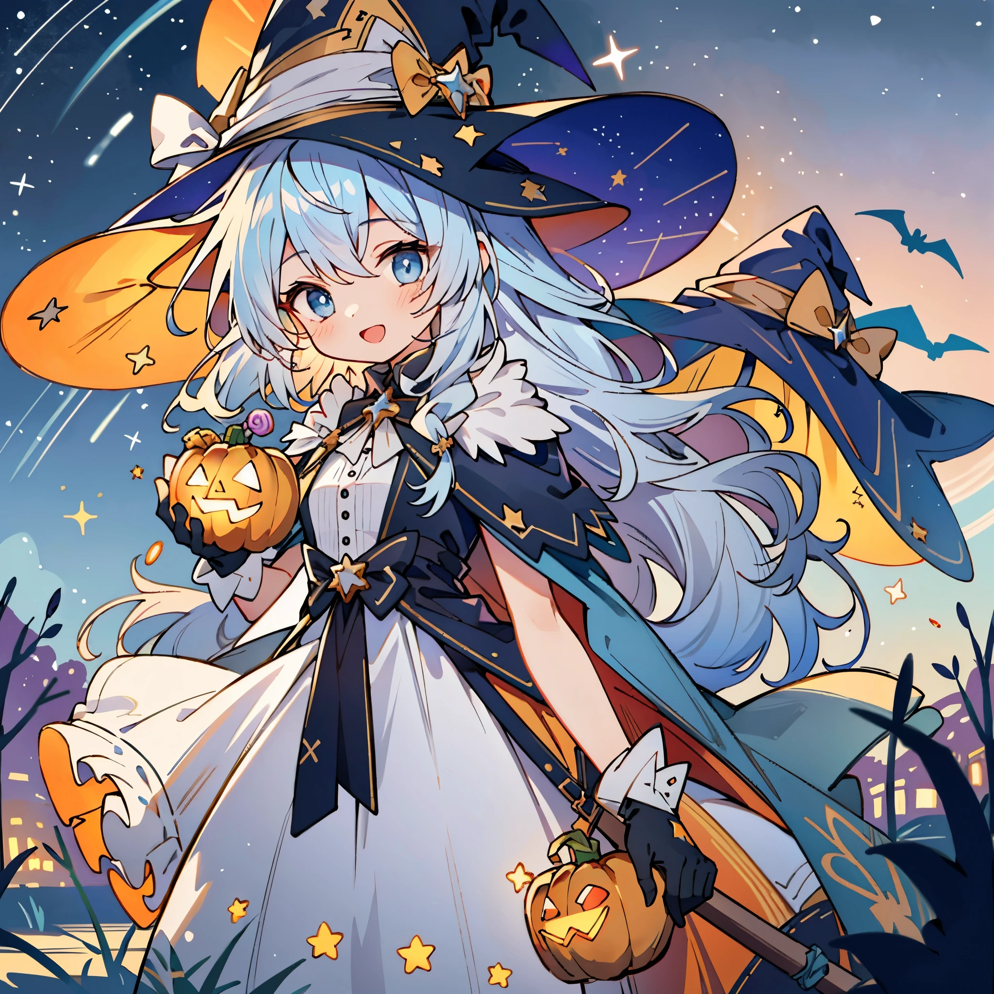 ((masterpiece:1.2, best quality)), 1girl, solo, (witch hat), a close up of a girl with curly hair, dress, aurora, night, star (sky), gloves, sky, dress, night sky, open mouth, starry sky, light blue eyes, ribbons, smile, cape, colorful hair, magic, casting spell, night, (impressionism:1.4), alphonse mucha, Halloween colors, colorful candy, magical lights, pumpkins, candies