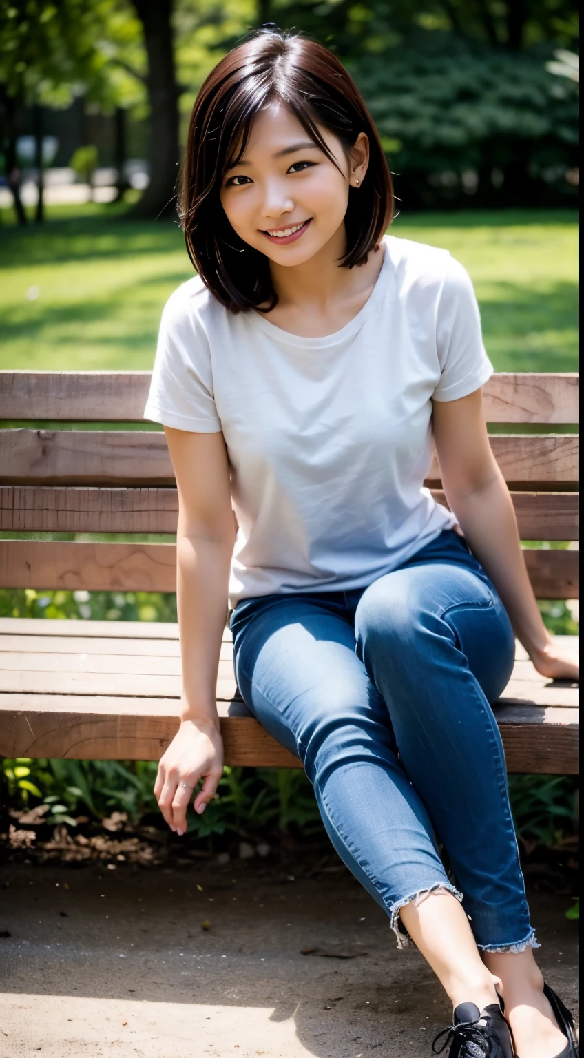 An asain cute lady,Round face,short,chubby, brown-skinned,black bob hair,wearing Jean pant and black shoes, sitting on the long wooden bench from the park with her friend ...(8k),(uhd),(high quality photos output),(ultra-realistic),(flim photography)