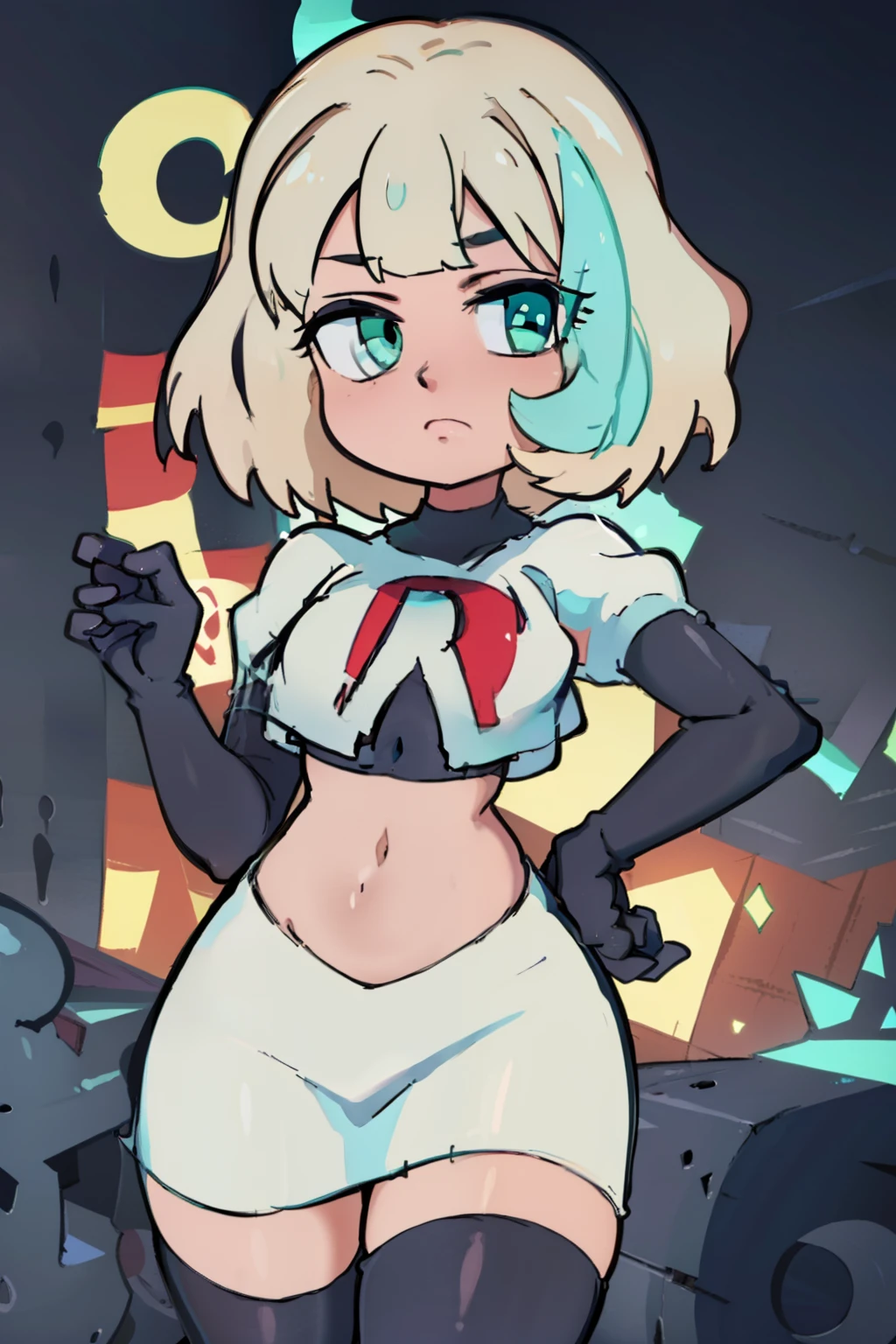 (masterpiece, best quality, high resolution:1.4), 1girl, jackie lynn thomas,aqua eyes, blonde hair, short hair, looking at viewer, team rocket,team rocket uniform,white skirt,red letter R,crop top,black thigh-highs,black elbow gloves,