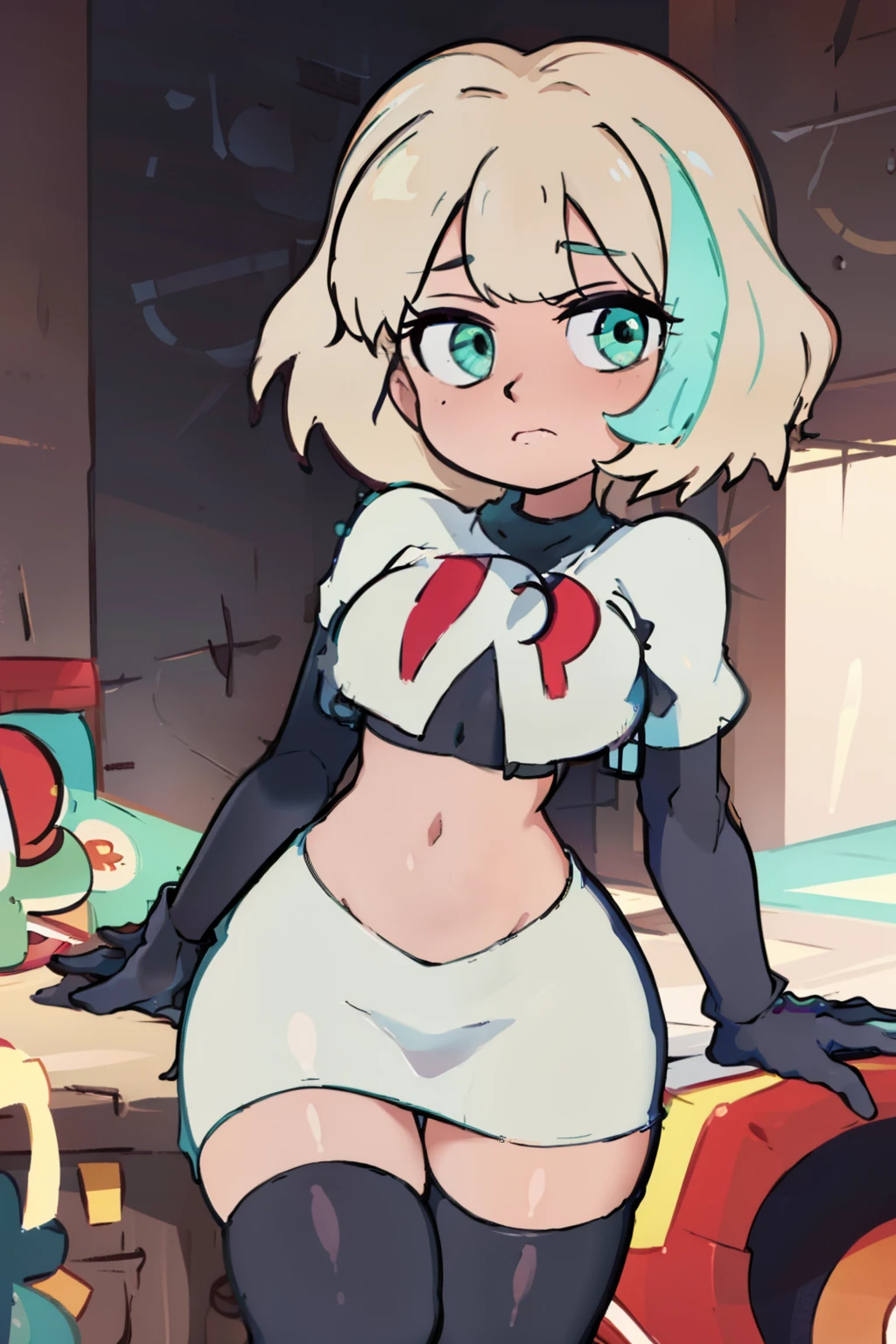 (masterpiece, best quality, high resolution:1.4), 1girl, jackie lynn thomas,aqua eyes, blonde hair, short hair, looking at viewer, team rocket,team rocket uniform,white skirt,red letter R,crop top,black thigh-highs,black elbow gloves,