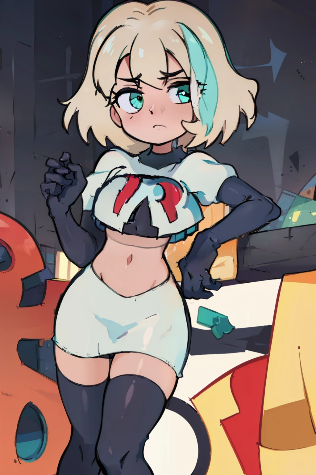 (masterpiece, best quality, high resolution:1.4), 1girl, jackie lynn thomas,aqua eyes, blonde hair, short hair, looking at viewer, team rocket,team rocket uniform,white skirt,red letter R,crop top,black thigh-highs,black elbow gloves,