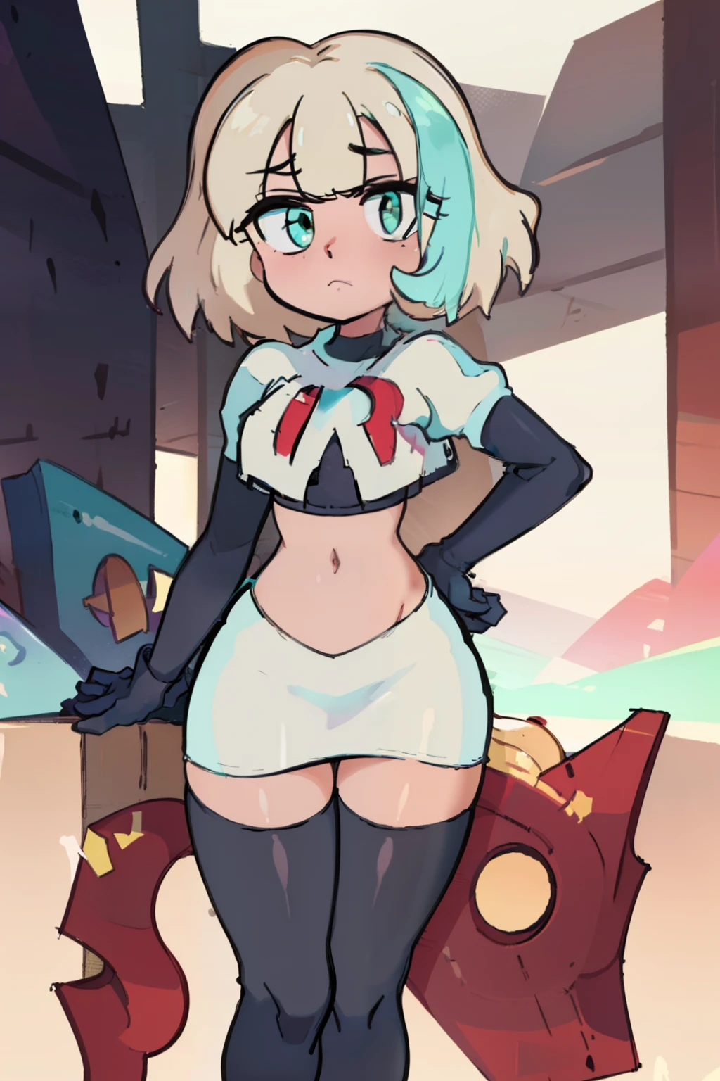 (masterpiece, best quality, high resolution:1.4), 1girl, jackie lynn thomas,aqua eyes, blonde hair, short hair, looking at viewer, team rocket,team rocket uniform,white skirt,red letter R,crop top,black thigh-highs,black elbow gloves,