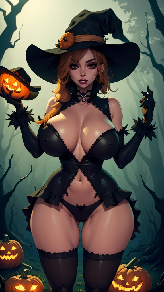Jack O'Lantern sexy girl, sombrero de paja, scarecrow clothing, in dead tree forest scene, neblina, sombrio
