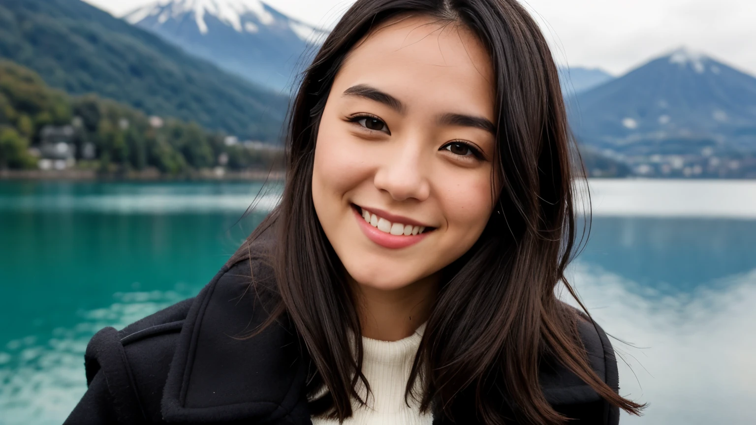 Instagram pictures, French Girl, Shoulder length hair, black hair, Close-up photo, coat, The background is Fuji., Lake Kawaguchi, smile a little,