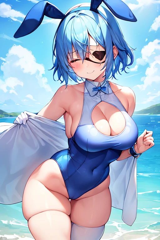 1girl, rabbit ears, bunny ears, light blue hair, very short hair, closed eyes, large breasts, wide hips, thick thighs, one-piece swimsuit, competition swimsuit, blue swimsuit, highleg, beach, blue hair, smile, animal ears, animal ear fluff, eyepatch, ((eyepatch)), one eye covered, white rabbit ears,