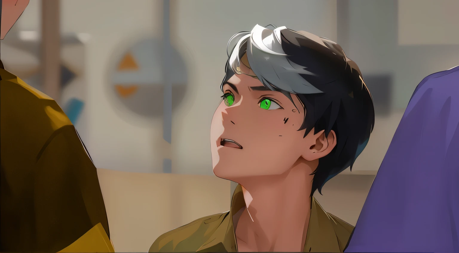 a group of 4 handsome young people of 14 years old in the school classroom are talking arguing worried talking about a dangerous plan they have green hair green eyes blue t-shirt
