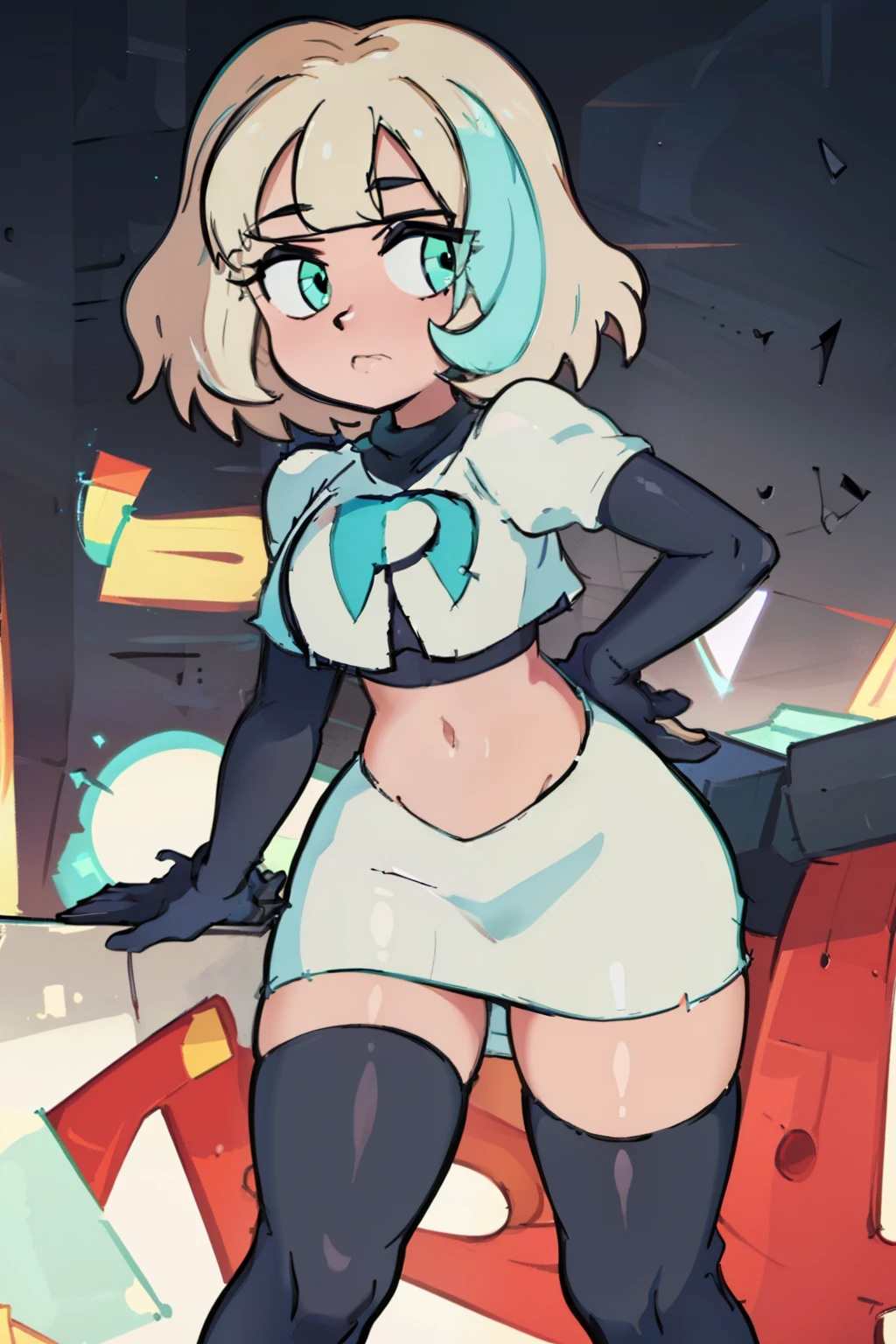 (masterpiece, best quality, high resolution:1.4), 1girl, jackie lynn thomas,aqua eyes, blonde hair, short hair, looking at viewer, team rocket,team rocket uniform,white skirt,red letter R,crop top,black thigh-highs,black elbow gloves,