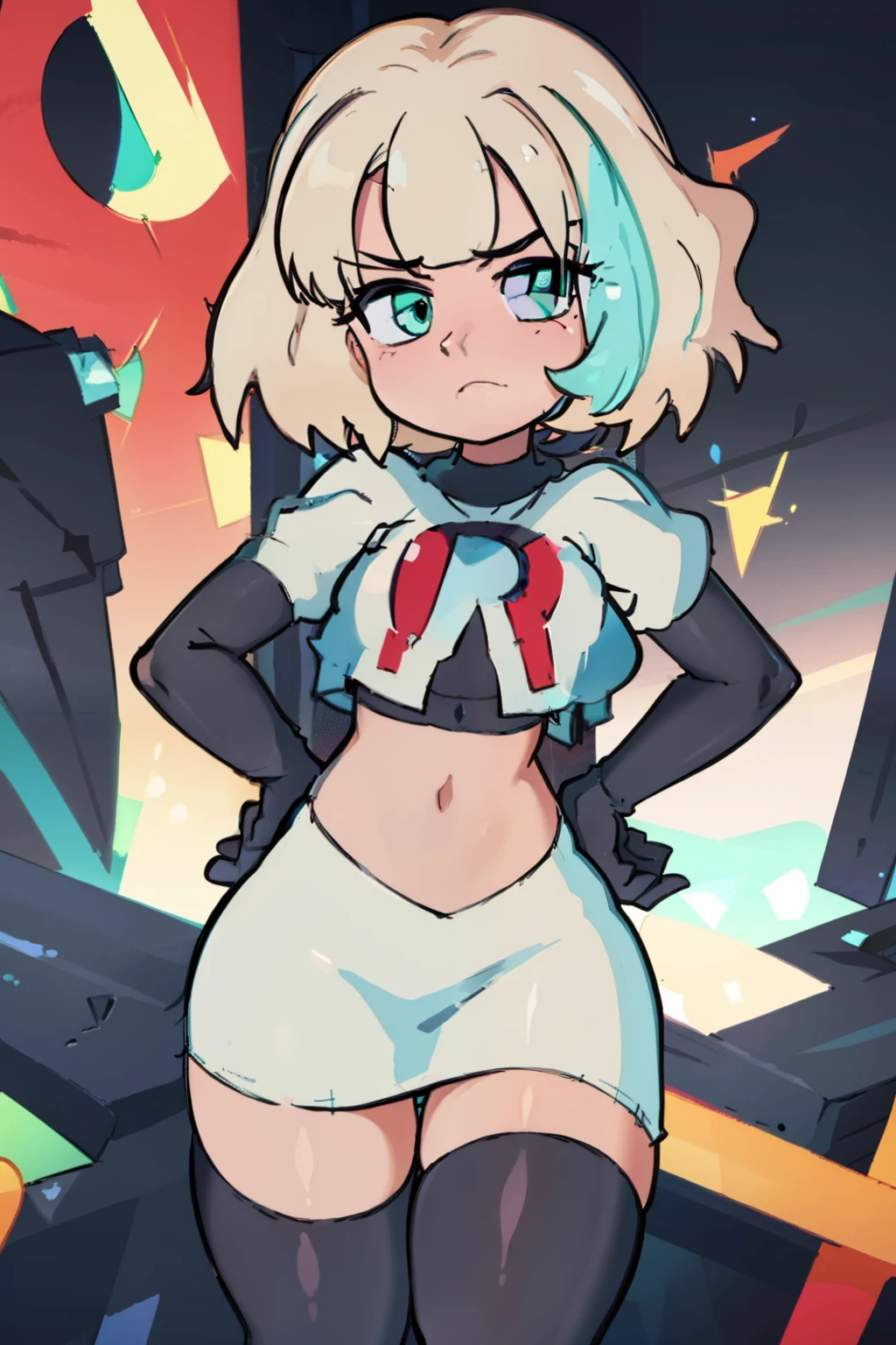 (masterpiece, best quality, high resolution:1.4), 1girl, jackie lynn thomas,aqua eyes, blonde hair, short hair, looking at viewer, team rocket,team rocket uniform,white skirt,red letter R,crop top,black thigh-highs,black elbow gloves,