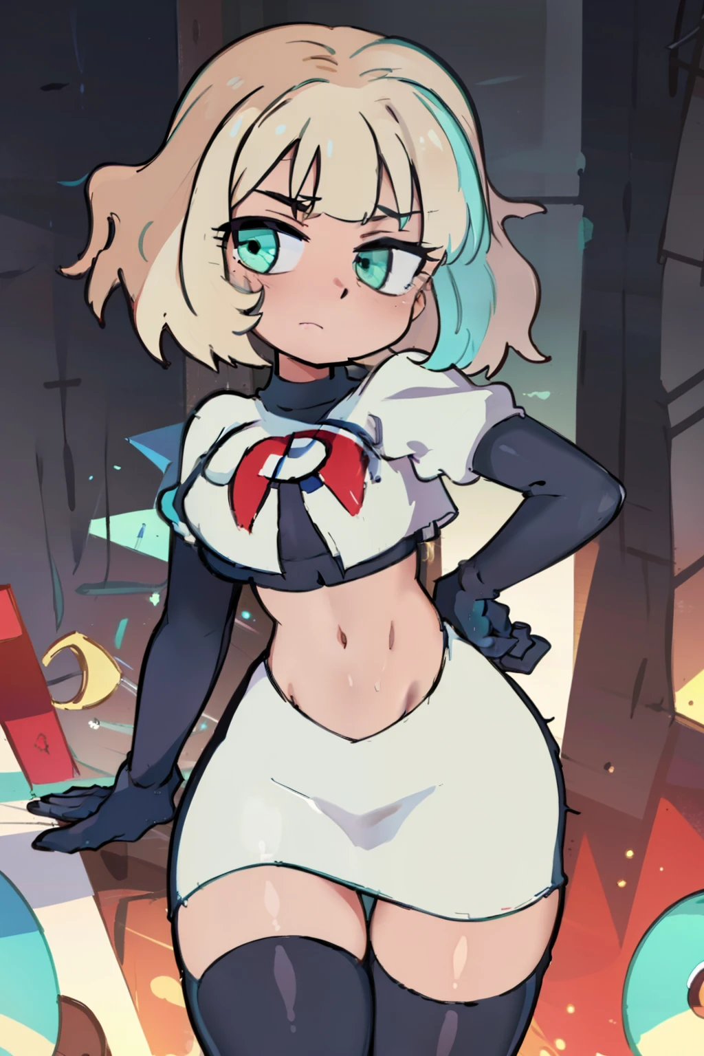 (masterpiece, best quality, high resolution:1.4), 1girl, jackie lynn thomas,aqua eyes, blonde hair, short hair, looking at viewer, team rocket,team rocket uniform,white skirt,red letter R,crop top,black thigh-highs,black elbow gloves,