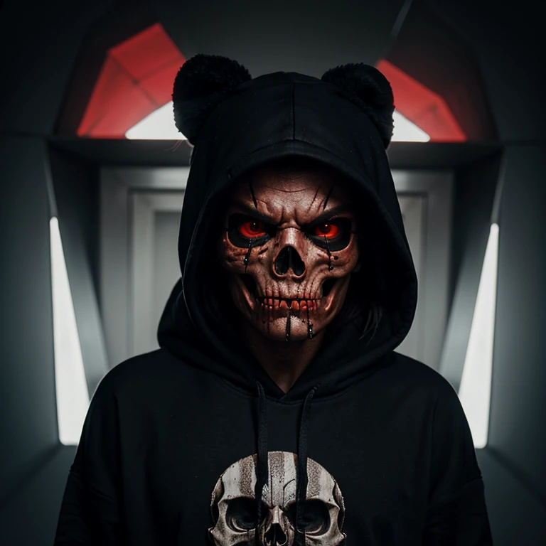 4k HD skull wearing hoodie, angry face, red eyes,dp