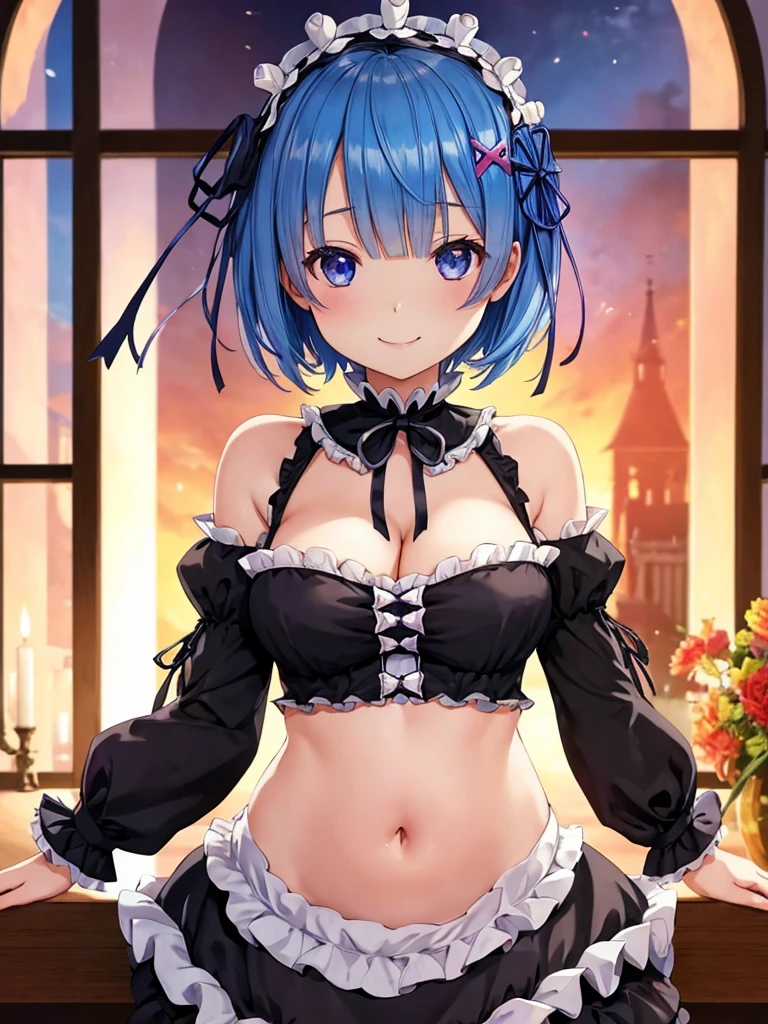 masterpiece, highest quality, gothic ta,たくさんのfrills,Goth dress ,cross, black pantyhose, Rem,Re:zero,blue hair,short hair,1 girl,cute,beautiful face, Are standing, at the castle, window, fireplace, detailed background, frills,frills付きスカート,(belly button,bare shoulders,Big,cleavage,(make,ロリータke),Upper body,smile),showing cleavage,belly button見せ,