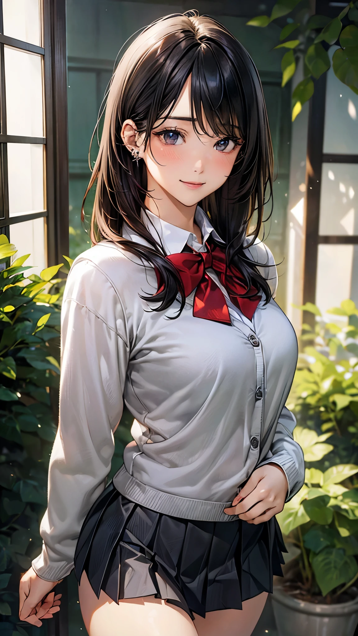 (masterpiece:1.2, top-quality), (realistic, photorealistic:1.4), beautiful illustration, (natural side lighting, movie lighting),
looking at viewer, cowboy shot, front view, 1 girl, japanese, high school girl, perfect face, cute and symmetrical face, shiny skin, babyface,
(middle hair, straight hair, black hair), swept bangs, russet eyes, (middle breasts, seductive thighs, big ass), piercings,
beautiful hair, beautiful face, beautiful detailed eyes, beautiful clavicle, beautiful body, beautiful chest, beautiful thigh, beautiful legs, beautiful fingers,
((long sleeve white collared shirts, grey pleated mini skirt)), red bow tie, light grey cardigan,
(beautiful scenery), evening, school, walking, (lovely smile, upper eyes),