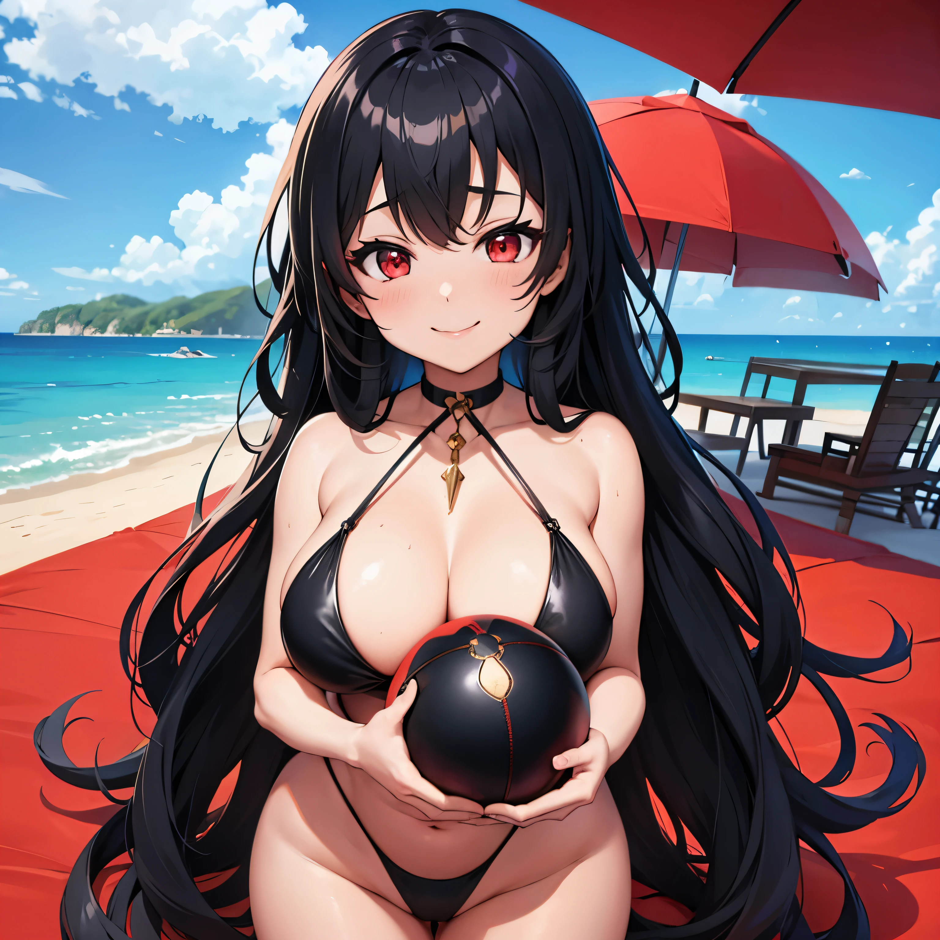 Anime Girl, Black Long Hair, Red Eyes, Smile, Beauty, Hourglass figure, black bikini, holding beach ball, from view, beautiful