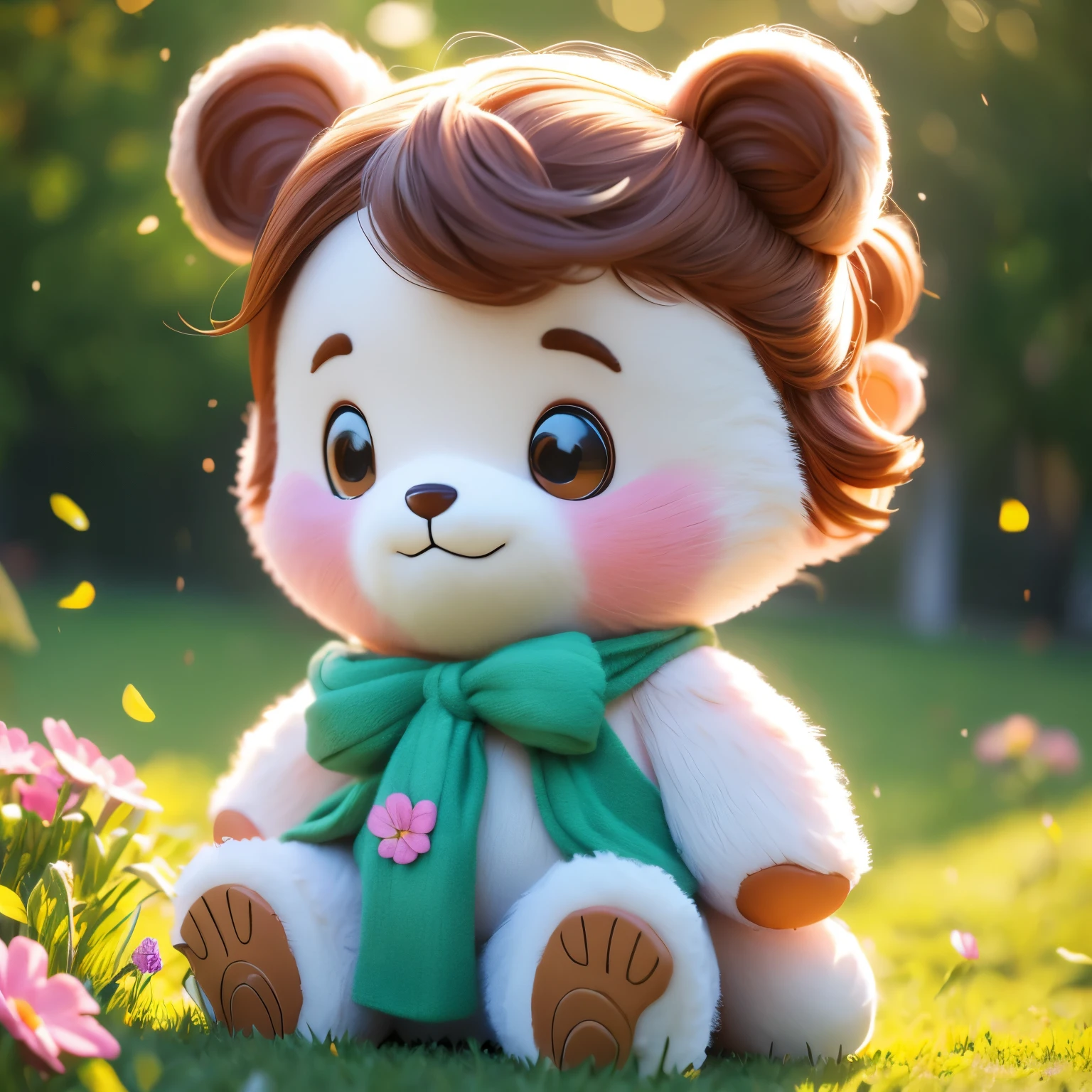 (best quality,4k,8k,highres,masterpiece:1.2),ultra-detailed,(realistic,photorealistic,photo-realistic:1.37),Illustration,Octane Render,morning park,a  walking with a teddy bear, the girl has a bun hairstyle and a smiling face, vibrant colors, soft sunlight, beautiful flowers, green grass, playful atmosphere, peaceful environment,detailed textures, vibrant colors, cute teddy bear outfit, joyful expression