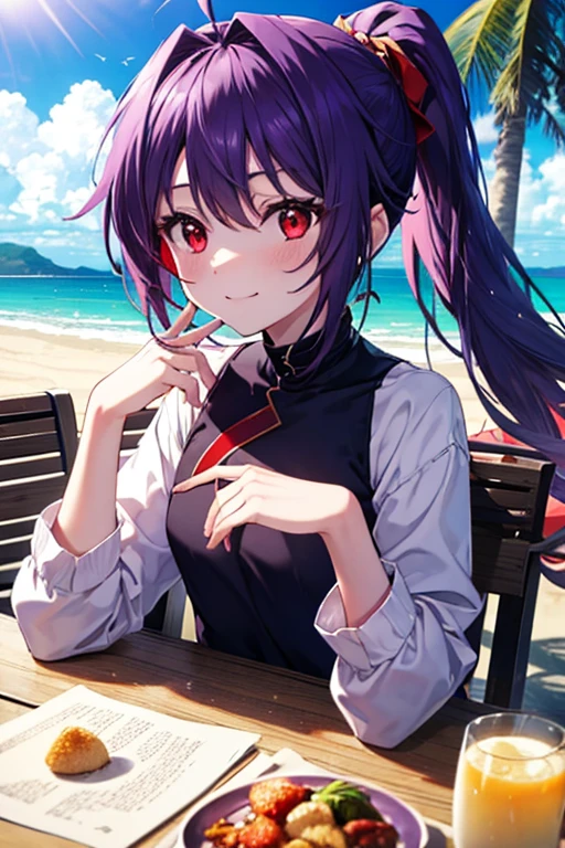 Yuki Konno, Yuki Konno, hair band, long hair，ponytail, pointed ears, purple hair, (red eyes:1.5), (small breasts:1.2), Ahoge,Purple water，shorts,blush,smile,Upper body, whole body,While strolling along the sandy sands of the beach,purple hair fluttering in the breeze,summer,Light of the sun,Palm tree,break outdoors, break (table top:1.2), highest quality, High resolution, unity 8k wallpaper, (figure:0.8), (beautiful and fine eyes:1.6), highly detailed face, perfect lighting, Highly detailed CG, (perfect hands, perfect anatomy),
