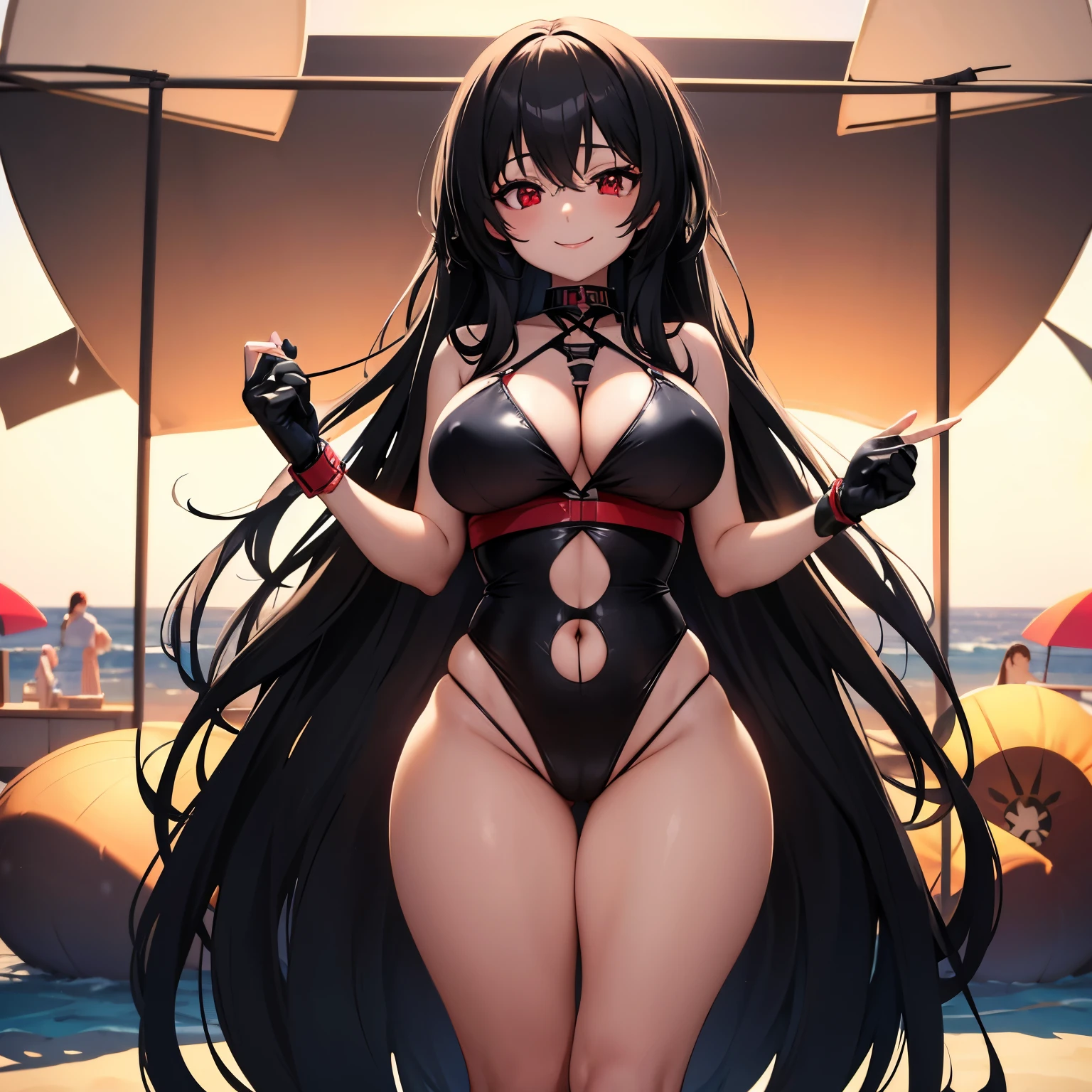 Anime Girl, Black Long Hair, Red Eyes, Smile, Beauty, Hourglass figure, black bikini, holding beach ball, black view, beautiful