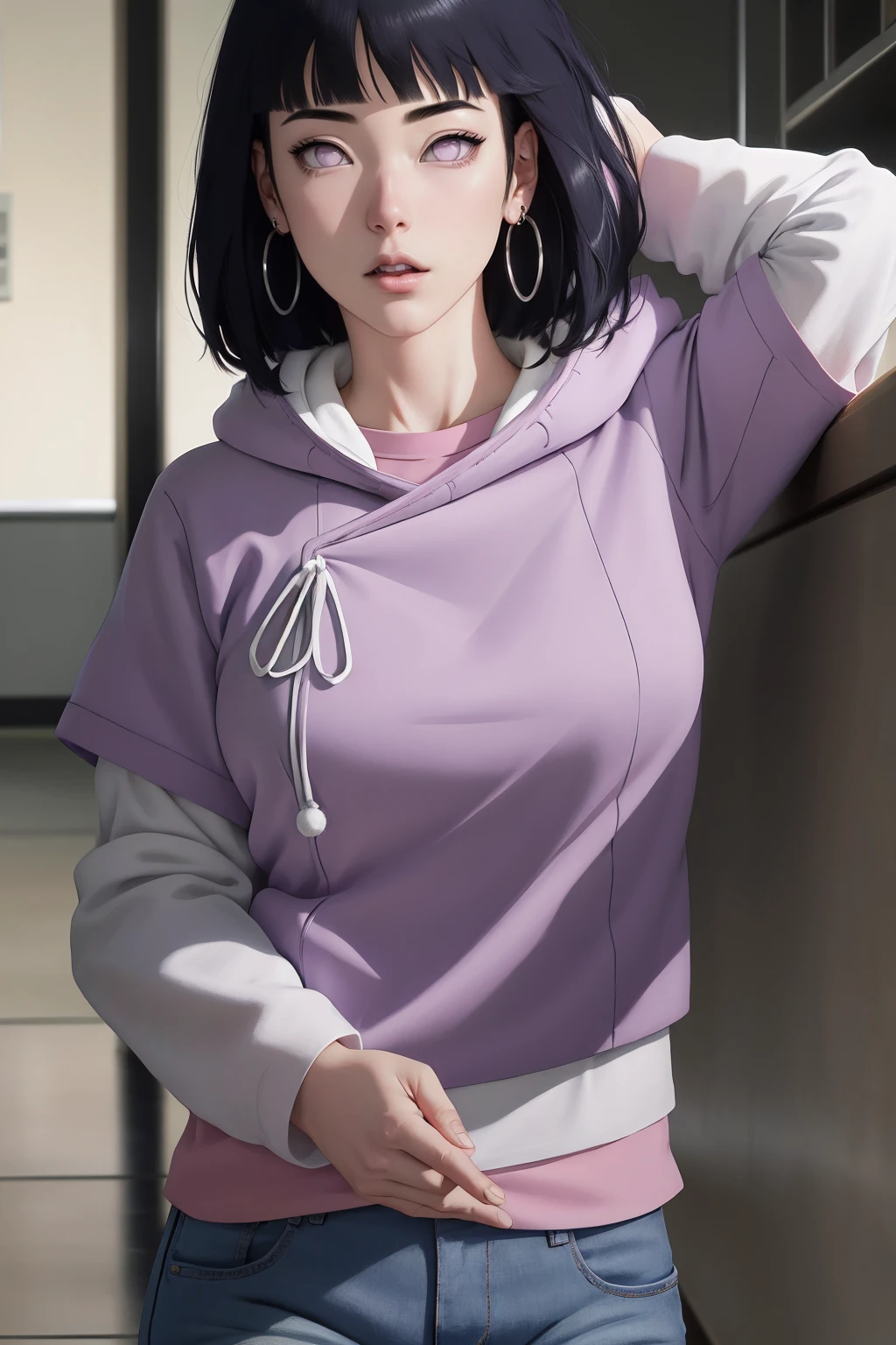 { - anatomy error} (Masterpiece - Ultra-detailed, very high resolution) , absurdities, Hinata\(Boruto\), 1girl, alone,Mature female, Purple hood, layered white sleeves, jeans, perfect composition, full lips, big chest, beautiful face, body proportion, blushing, (pink lips), black hair short (black hair), lilac eyes, soft look, super realistic, circumstantial, realistic face and body, realistic hair, realistic eyes, realistic nose, realistic lips, with big hoop earrings, anime. reading, writing, walking, backwards, lying down, standing, dynamic poses, mouth closed. Different posture.