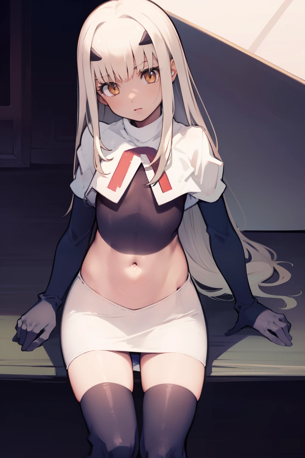 melusine, melusine, (brown eyes:1.5), long hair, white hair, sidelocks, (small breast:1.2),
BREAK team rocket,team rocket uniform,white skirt,red letter R,crop top,black thigh-highs,black elbow gloves,
BREAK looking at viewer,
BREAK (masterpiece:1.2), best quality, high resolution, unity 8k wallpaper, (illustration:0.8), (beautiful detailed eyes:1.6), extremely detailed face, perfect lighting, extremely detailed CG, (perfect hands, perfect anatomy),