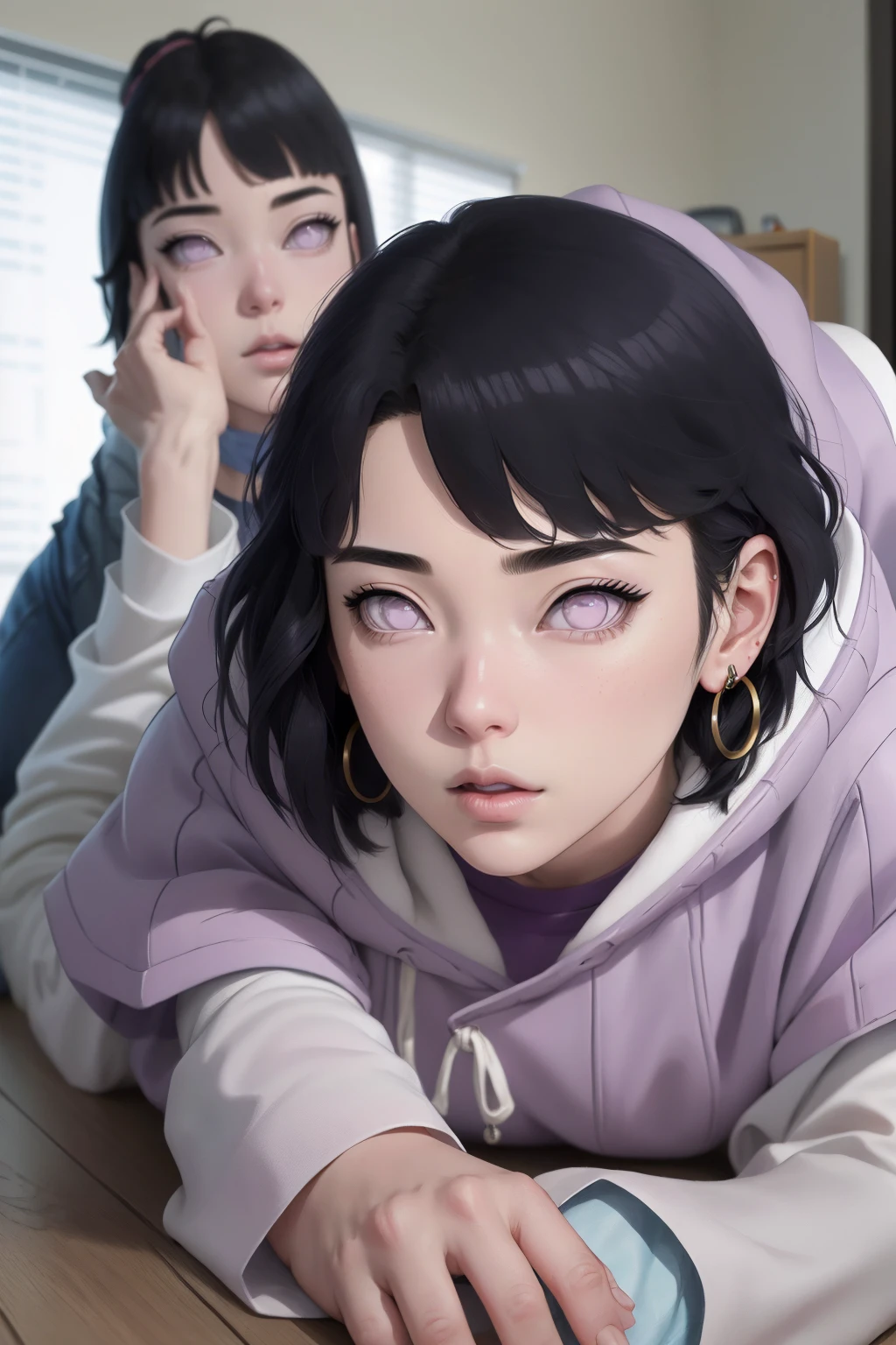 { - anatomy error} (Masterpiece - Ultra-detailed, very high resolution) , absurdities, Hinata\(Boruto\), 1girl, alone,Mature female, Purple hood, layered white sleeves, jeans, perfect composition, full lips, big chest, beautiful face, body proportion, blushing, (pink lips), black hair short (black hair), lilac eyes, soft look, super realistic, circumstantial, realistic face and body, realistic hair, realistic eyes, realistic nose, realistic lips, with big hoop earrings, anime. reading, writing, walking, backwards, lying down, standing, dynamic poses, mouth closed. Different posture.