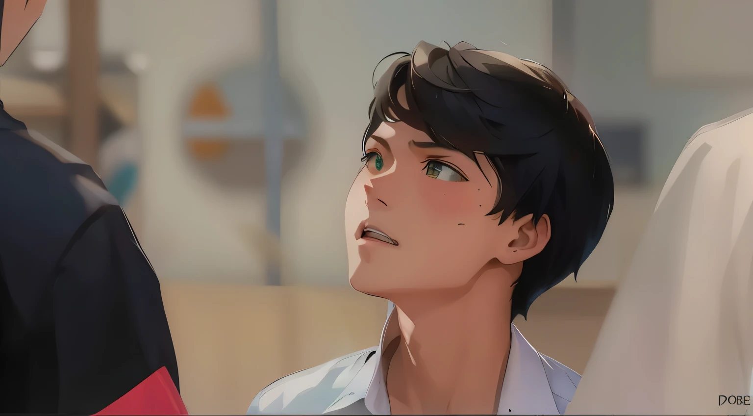 a group of 4 handsome young people of in the school classroom are talking arguing worried talking about a dangerous plan they have green hair green eyes blue t-shirt