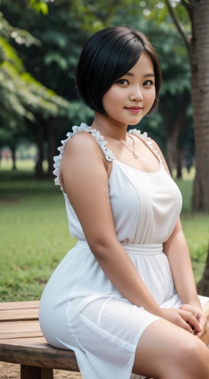 A myanmar cute lady,Round face,short,chubby,black bob hair,wearing White dress, sitting on the long wooden bench from the park with her friend ...(8k),(uhd),(high quality photos output),(ultra-realistic),(flim photography)
