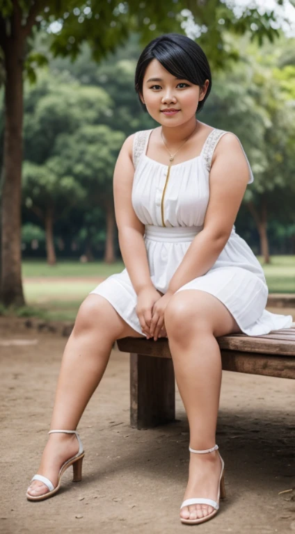 A myanmar cute lady,Round face,short,chubby,black bob hair,wearing White dress, sitting on the long wooden bench from the park with her friend ...(8k),(uhd),(high quality photos output),(ultra-realistic),(flim photography)