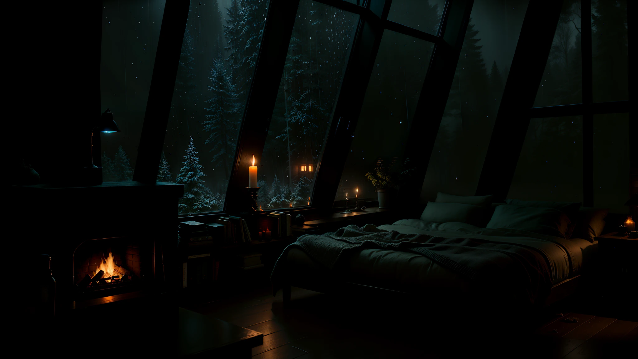 dimly lit room with table, shelves arranged with books, cool rainy night, cozy place, heavy rain at night, comfortable environment, rain outside, large window overlooking the forest, moody cinematic atmosphere, atmosphere cozy, cozy living room, rainy night mood, cozy rain, gloomy lighting, gloomy cinematic lighting, cabin in the woods, cozy enchanting view, gloomy cinematic lighting, cozy living room background, cozy and peaceful atmosphere, with fireplace warm rooms, dark interiors, unreal cinematic views, unreal machines