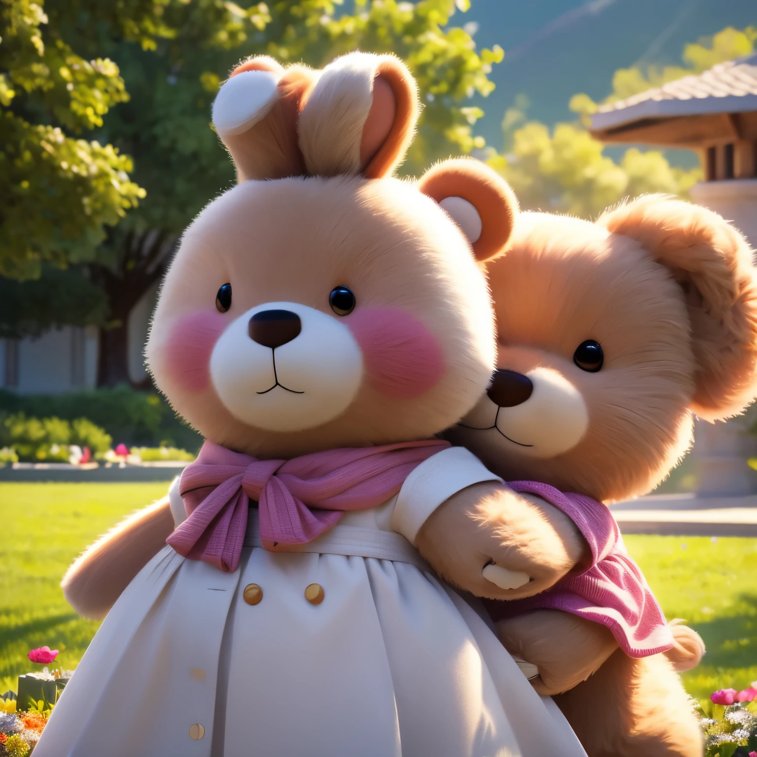 (best quality,4k,8k,highres,masterpiece:1.2),ultra-detailed,(realistic,photorealistic,photo-realistic:1.37),Illustration,Octane Render,morning park,a walking with a teddy bear, the girl has a bun hairstyle and a smiling face, vibrant colors, soft sunlight, beautiful flowers, green grass, playful atmosphere, peaceful environment,detailed textures, vibrant colors, cute teddy bear outfit, joyful expression