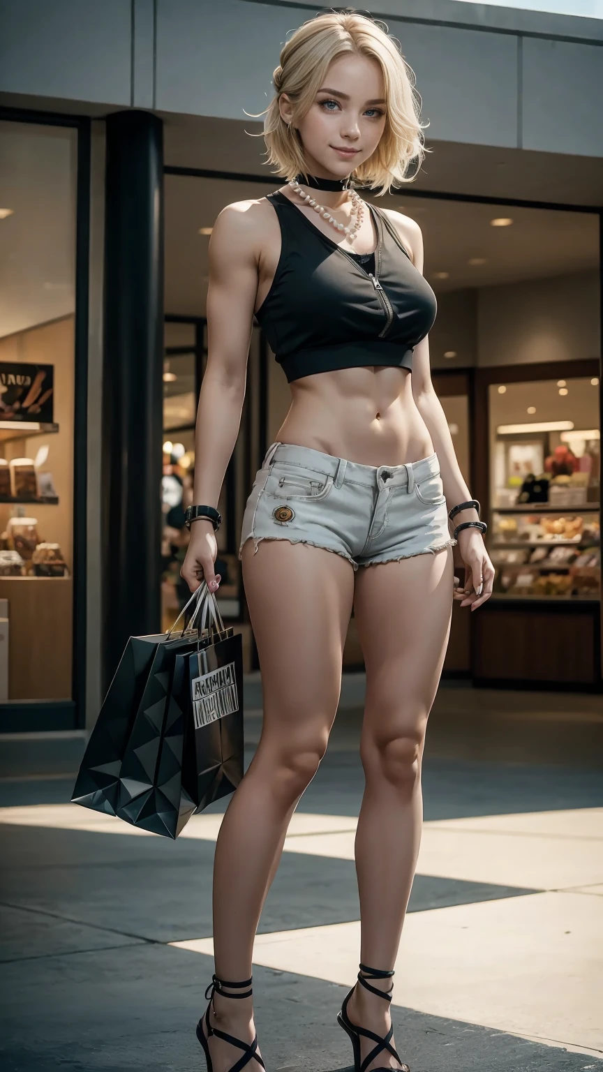 25-year-old Caucasian woman、platinum blonde、blue eyes、semi-long、my hair is wavy、Hair is tied up、Wearing a hair band、accessories on the wrist、wearing a choker、My abs are cracked、smile、slim muscular body、I don't want my head to disappear from the screen.、Wearing a high neck zipper up tank top、I'm wearing low-rise hot pants、Wearing gloves without fingertips、wearing a hoodie、I'm wearing pin heels、I'm in a large shopping mall、wearing a pearl necklace