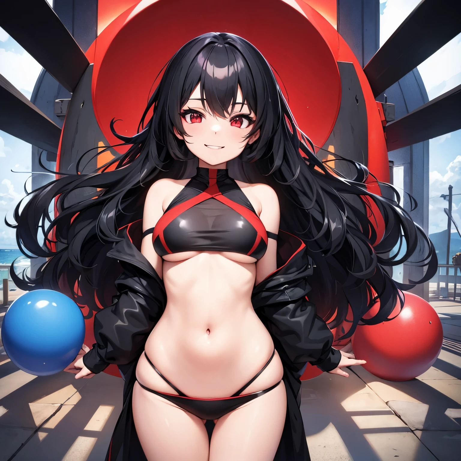 Anime Girl, Black Long Hair, Red Eyes, Smile, Beauty, Hourglass figure, black bikini, holding beach ball, black view, beautiful