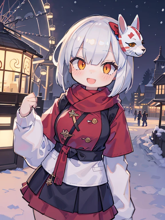 (masterpiece, best quality, highres:1.2), 4girls, large breasts, teenage, father and daughter, winter, snow, ferris wheel, portrait, bob cut, white hair, bangs, hair over eyes, orange eyes, half-closed eyes, ambling, ninja, katana, kunai, mask, skirt up, funny, smile, laughing, open mouth, from forward, upper body, looking up
