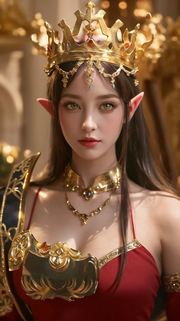 a close up of a woman in a red dress with a gold crown, beautiful and elegant elf queen, a beautiful fantasy empress, portrait of an elf queen, ((a beautiful fantasy empress)), alluring elf princess knight, an elf queen, she has elf ears and gold eyes, elf queen, elf princess, beautiful elven princess