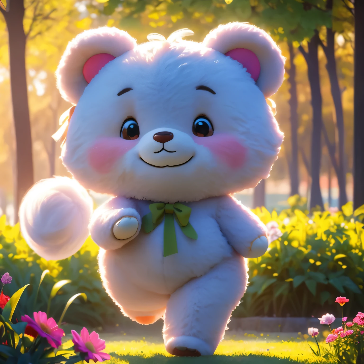 (best quality,4k,8k,highres,masterpiece:1.2),ultra-detailed,(realistic,photorealistic,photo-realistic:1.37),Illustration,Octane Render,morning park,a  walking with a teddy bear, the girl has a bun hairstyle and a smiling face, vibrant colors, soft sunlight, beautiful flowers, green grass, playful atmosphere, peaceful environment,detailed textures, vibrant colors, cute teddy bear outfit, joyful expression