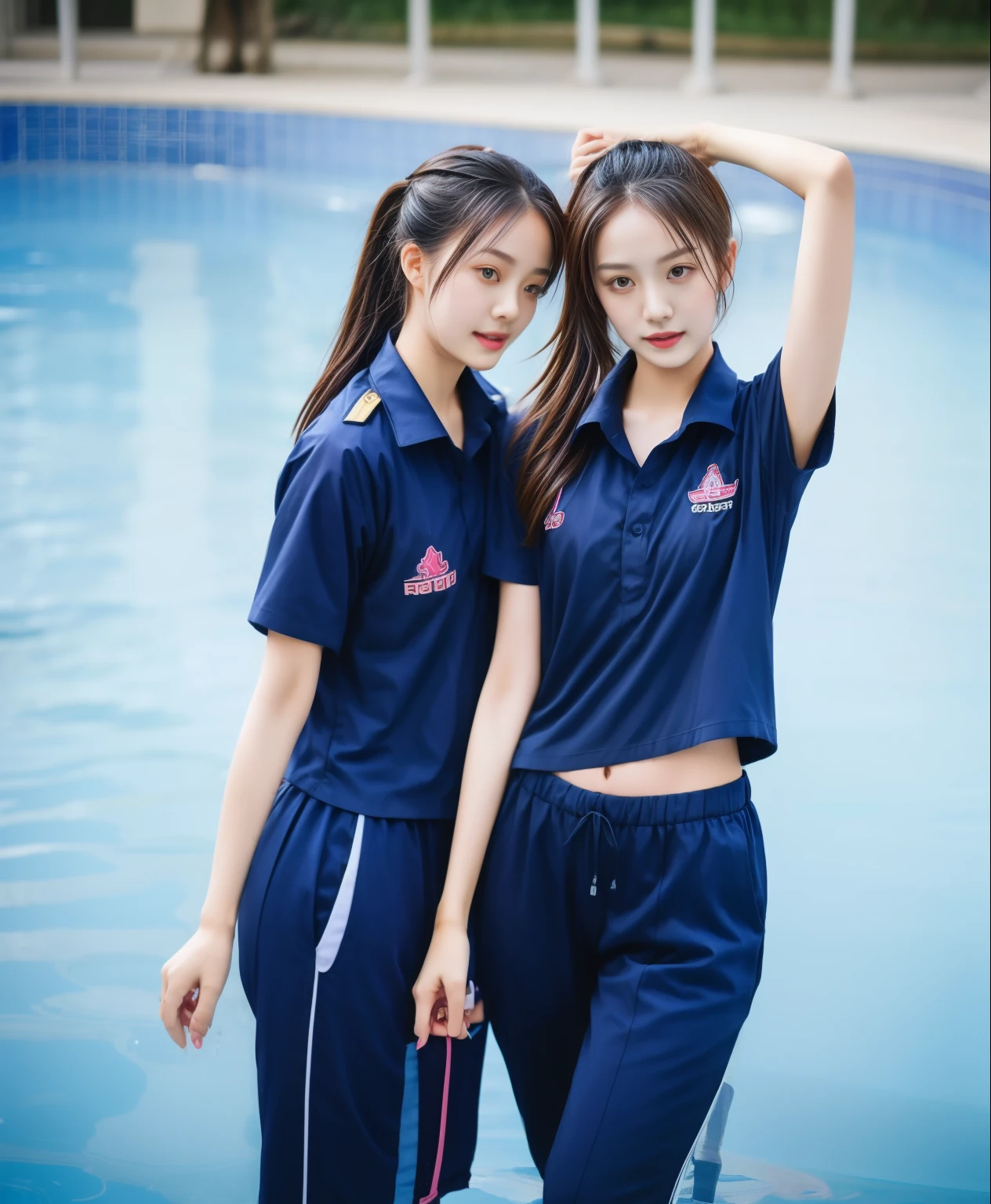 2 girls in the swimming pool, Navy blue short-sleeved shirt,Navy Long Trackpant,Sweatpants, Sweatpantsขายาว,25 year old girl, lesbian, sexy, exercise clothes, wet body