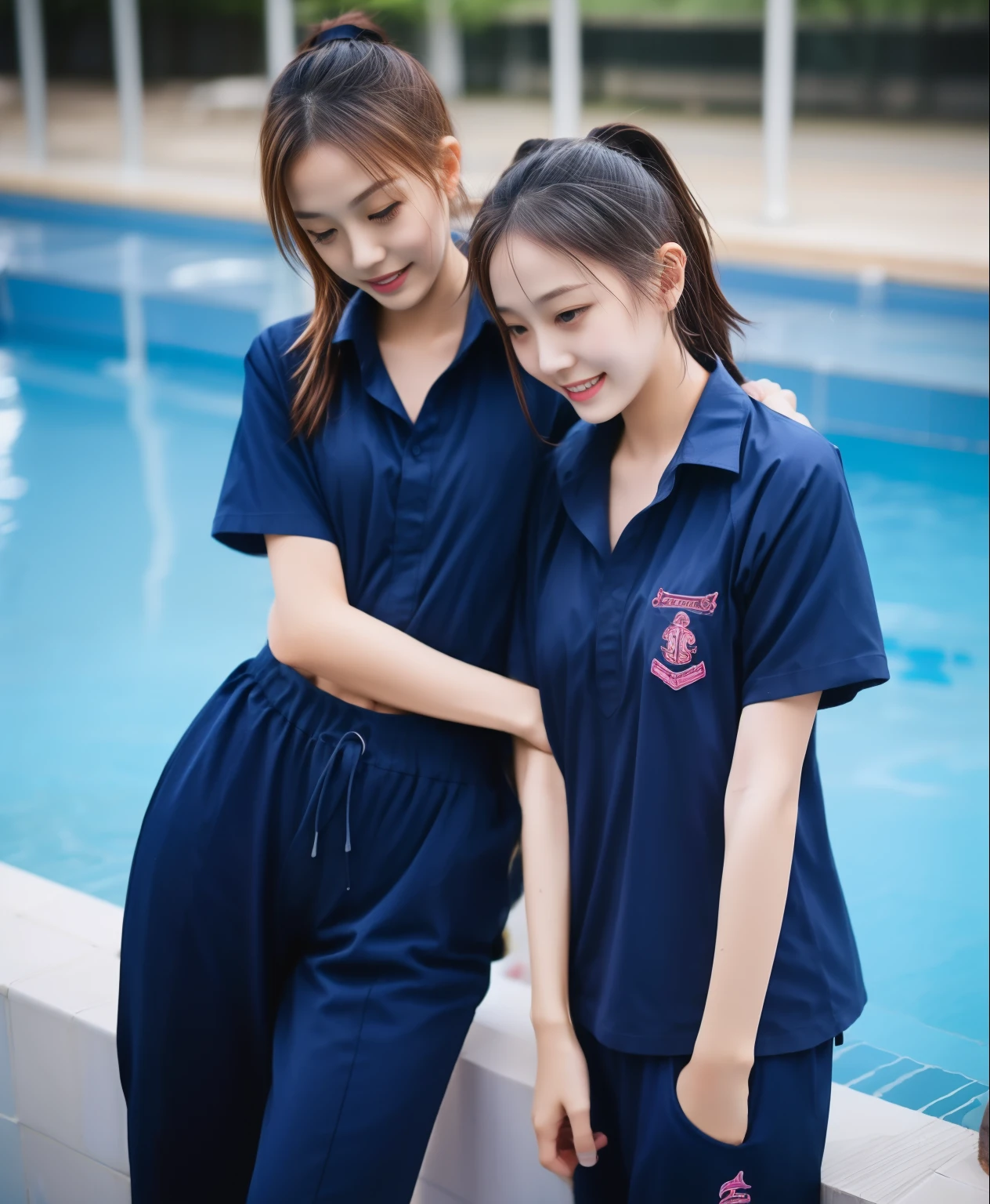 2 girls in the swimming pool, Navy blue short-sleeved shirt,Navy Long Trackpant,Sweatpants, Sweatpantsขายาว,25 year old girl, lesbian, sexy, exercise clothes, wet body