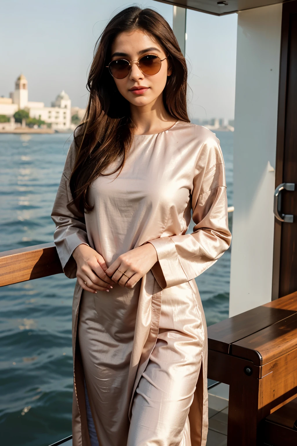 Extreme beautiful face woman, beautiful iranian woman model, beautiful arab woman, photography, photo of a beautiful woman, wearing pakistani shalwar qameez, complete dress, black dress, sunglasses, maya ali sorceress, maya ali wind sorcerer, masterpiece, high resolution, much realistic, as d&d mage, much realistic, deep smile, silky hair color, long dress, shalwar qameez, ear blush, makeup, expressionless eyes, attractive nails, long nails, stylish nails, slim nose, glassglow smile, innocent, light brown hair, colored eyelashes, 8k, stylish, stylish pose, innocent, realistic, full body, at dubai, wearing stylish modern sunglasses, modern full dress, cover all body, at sea ship, in the ship, doing fishing, much realistic