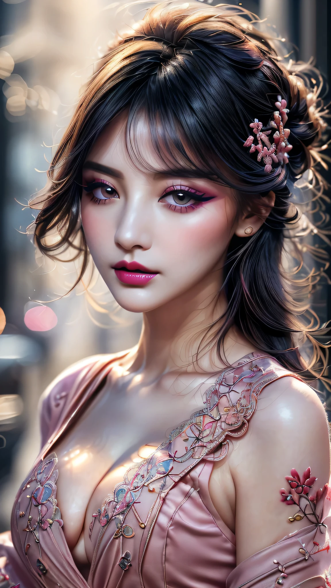 \\Special greetings to Ue-chan\\, Ultra-realistic、 ultra-detailed primetime portraits、 最high quality、 8K、highest level、 The ultra -The high-definition)、(Super beautiful)、(beautiful face:1.5)、(detailed face:1.5)、(detailed eyes:1.2)、(detailed lip:1.2)、(Detailed nose:1.2)、((cleavage:1.2))、((Use any technique, any style, any outfit, Sew, ((embroider)),choose the color of your eyes, hair and even hairstyles)), ((I encourage you to choose the right background for your phenomenally drawn creation))、 (Use any technique, any style, any outfit, even choose eyes color, ((hair different color than eyes))、 dynamic random fancy hairstyle, whatever and how to do it)、 1girl:1.4 22years old、fashion supermodel、real:1.75、photorealistic:1.75、(very delicate and beautiful、fine details:1.3)、(masterpiece)、 最high quality、 (high quality)、 (absurdres)、 (sharp fous)、(Glamour, paparazzi taking pictures of her)、 contrast、 (dark shot:1.22)、 Long 2blue_eyelashes:1.2、 (dark_eyeshadows:1.3)、 red_lipstick:1.35、((perfect round eyes))、 (dark_pink_makeup:1.24)、(matte skin:1.3)、 ((upper body shot))