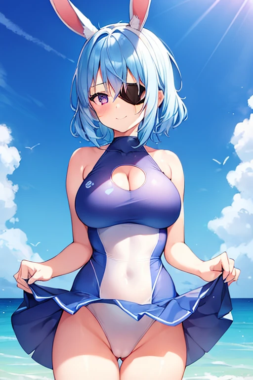 1girl, rabbit ears, bunny ears, light blue hair, very short hair, large breasts, wide hips, thick thighs, one-piece swimsuit, competition swimsuit, blue swimsuit, highleg, beach, blue hair, smile, animal ears, animal ear fluff, eyepatch, ((eyepatch)), one eye covered, white rabbit ears, bare legs, purple eyes