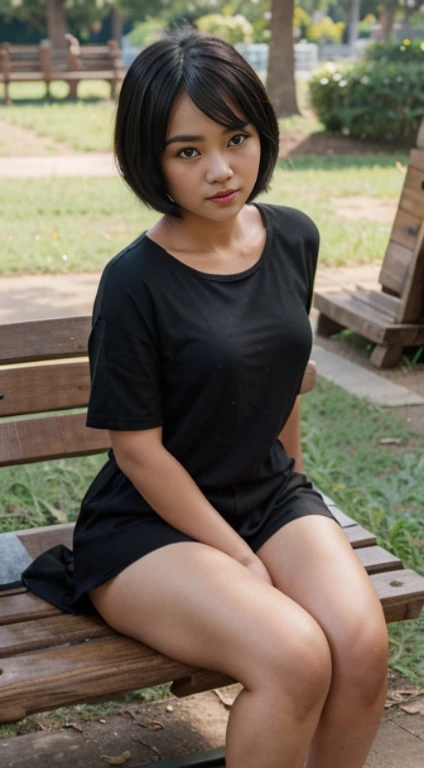 Burmese cute lady,Round face,short,chubby,black bob hair with bang,wearing Cute outfit, sitting on the long wooden bench from the park with her friend ...(8k),(uhd),(high quality photos output),(ultra-realistic),(flim photography)