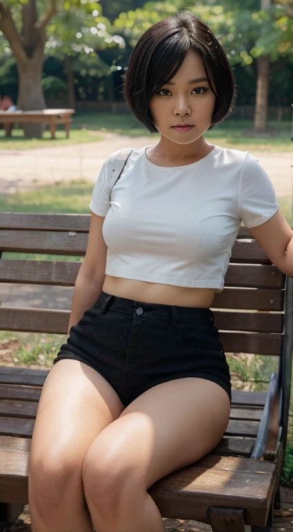 Burmese cute lady,Round face,short,chubby,black bob hair with bang,wearing Cute outfit, sitting on the long wooden bench from the park with her friend ...(8k),(uhd),(high quality photos output),(ultra-realistic),(flim photography)