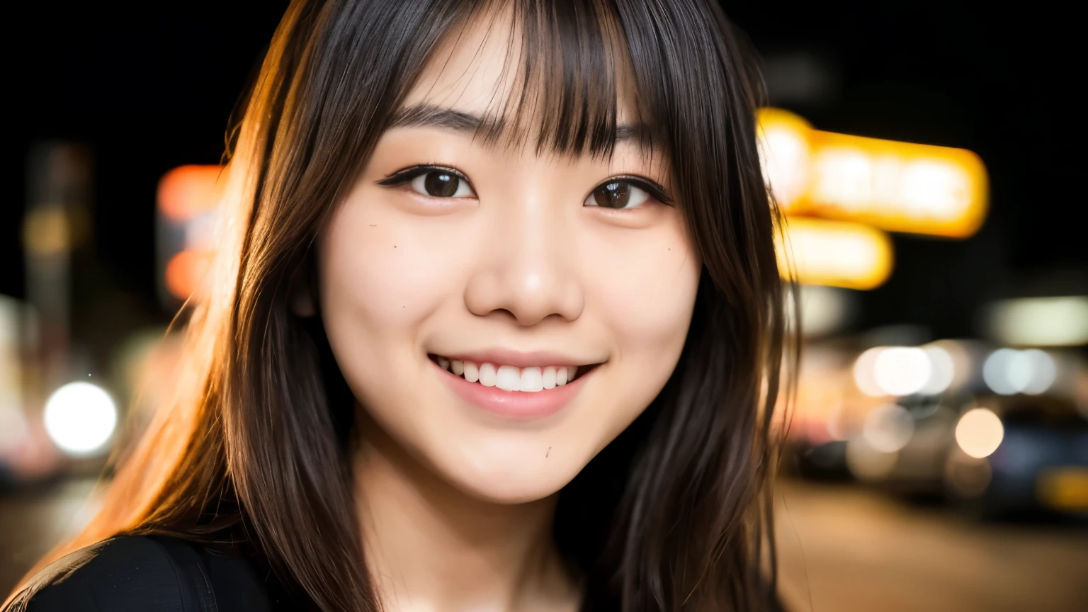 (close up, Editorial photo of a 21 year old Japanese girl.), (Highly detailed face:1.4) (smile:0.7) (city street background at night:1.3) throw, By Lee Jeffries, Nikon D850, film stock photos ,4 Coda Portra 400 ,camera f1.6 lenses ,Various colors ,Too realistic ,The texture is realistic., incredible light , Movie theater 800,