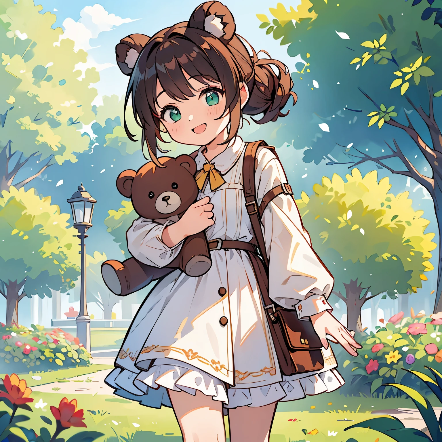 (best quality,4k,8k,highres,masterpiece:1.2),ultra-detailed,(realistic,photorealistic,photo-realistic:1.37),Illustration,Octane Render,morning park,a  walking with a teddy bear, the girl has a bun hairstyle and a smiling face, vibrant colors, soft sunlight, beautiful flowers, green grass, playful atmosphere, peaceful environment,detailed textures, vibrant colors, cute teddy bear outfit, joyful expression