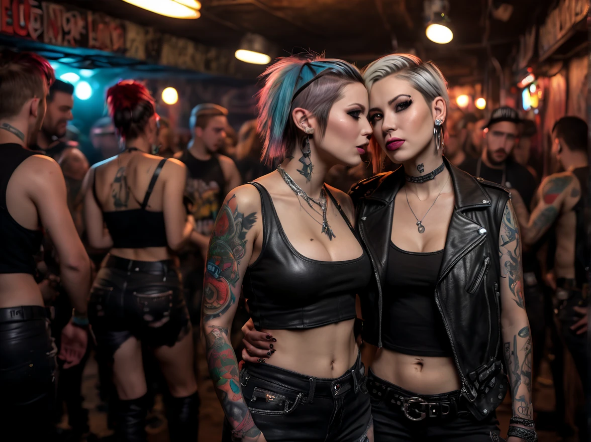 Full scene,A car inside an illegal underground bar, a party, many people, large place, , (car:1.4), underground music concert, stage, tattoos, a woman drinks a beer next girlfriend, lesbians, a crowd, punk, leather, cave, underground night bar, underground city with a network of hidden tunnels, (best quality,4k,8k,highres,masterpiece:1.2),ultra-detailed,(realistic,photorealistic,photo-realistic:1.37)
