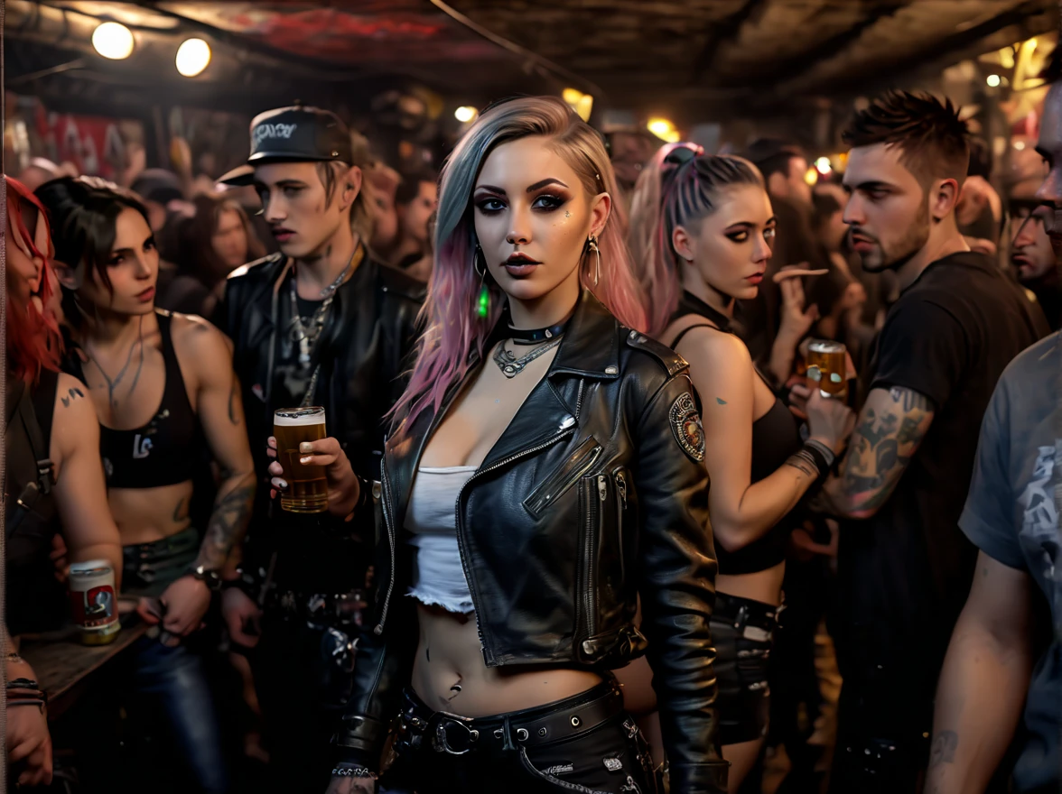 Full scene,A car inside an illegal underground bar, a party, many people, large place, , (car:1.4), underground music concert, stage, tattoos, a woman drinks a beer next girlfriend, lesbians, a crowd, punk, leather, cave, underground night bar, underground city with a network of hidden tunnels, (best quality,4k,8k,highres,masterpiece:1.2),ultra-detailed,(realistic,photorealistic,photo-realistic:1.37)