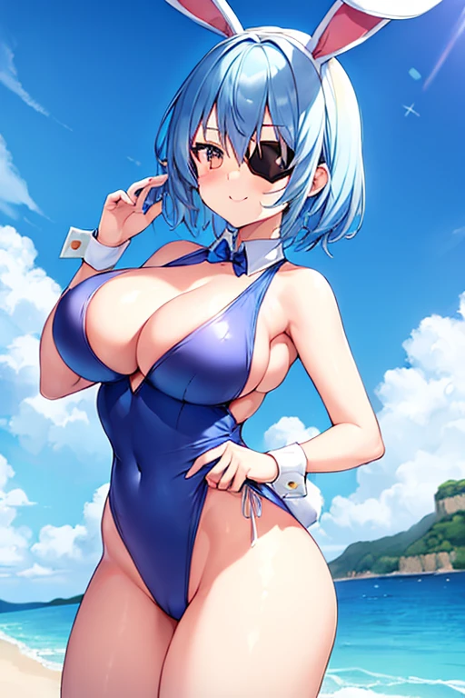 1girl, rabbit ears, bunny ears, light blue hair, very short hair, large breasts, wide hips, thick thighs, one-piece swimsuit, competition swimsuit, blue swimsuit, highleg, beach, blue hair, smile, animal ears, animal ear fluff, eyepatch, ((eyepatch)), one eye covered, white rabbit ears, bare legs, purple eyes