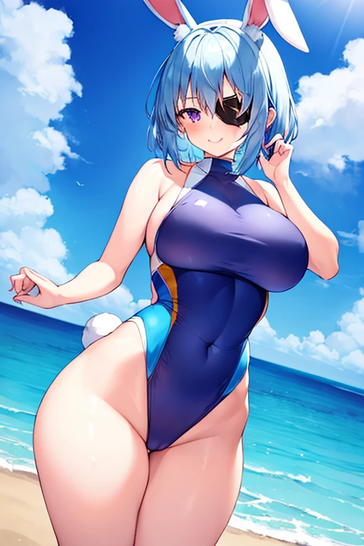 1girl, rabbit ears, bunny ears, light blue hair, very short hair, large breasts, wide hips, thick thighs, one-piece swimsuit, competition swimsuit, blue swimsuit, highleg, beach, blue hair, smile, animal ears, animal ear fluff, eyepatch, ((eyepatch)), one eye covered, white rabbit ears, bare legs, purple eyes