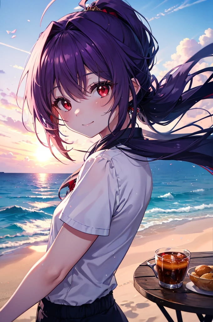 Yuki Konno, Yuki Konno, hair band, long hair,ponytail, pointed ears, purple hair, (red eyes:1.5), (small breasts:1.2), flower hair ornament,Ahoge,purple bikini swimsuit,blush,smile,Upper body, whole body,While strolling along the sandy sands of the beach,purple hair fluttering in the breeze,summer,Light of the sun,Palm tree,walking,break outdoors, break (table top:1.2), highest quality, High resolution, unity 8k wallpaper, (figure:0.8), (beautiful and fine eyes:1.6), highly detailed face, perfect lighting, Highly detailed CG, (perfect hands, perfect anatomy),