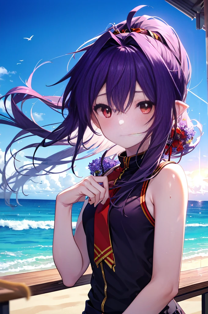 Yuki Konno, Yuki Konno, hair band, long hair,ponytail, pointed ears, purple hair, (red eyes:1.5), (small breasts:1.2), flower hair ornament,Ahoge,Purple water,shorts,blush,smile,Upper body, whole body,While strolling along the sandy sands of the beach,purple hair fluttering in the breeze,summer,Light of the sun,Palm tree,walking,break outdoors, break (table top:1.2), highest quality, High resolution, unity 8k wallpaper, (figure:0.8), (beautiful and fine eyes:1.6), highly detailed face, perfect lighting, Highly detailed CG, (perfect hands, perfect anatomy),