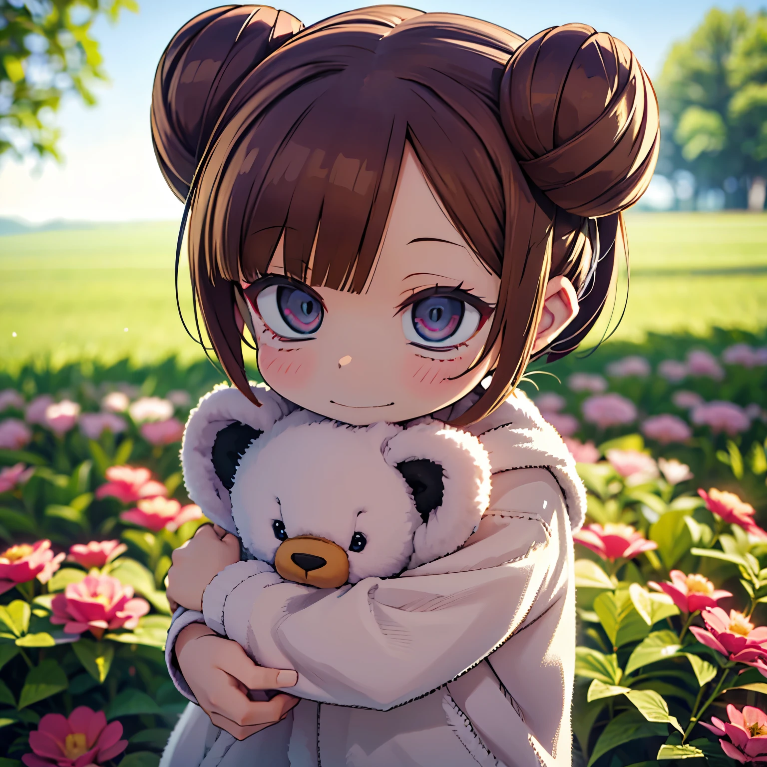 (best quality,4k,8k,highres,masterpiece:1.2),ultra-detailed,(realistic,photorealistic,photo-realistic:1.37),Illustration,Octane Render,morning park,a  walking with a teddy bear, the girl has a bun hairstyle and a smiling face, vibrant colors, soft sunlight, beautiful flowers, green grass, playful atmosphere, peaceful environment,detailed textures, vibrant colors, cute teddy bear outfit, joyful expression